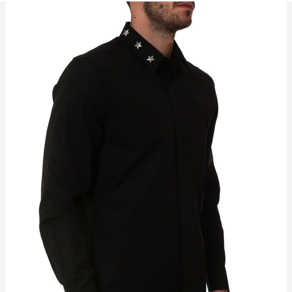 Givenchy Black Dress Shirt with Silver Star Collar Accents